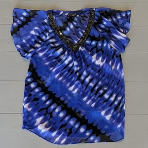 Express Sequin V-neck Blue/Black/White Tribal Short Sleeve Shirt Size Small S
